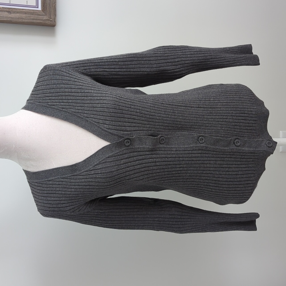 Lands' End V Neck Ribbed Cotton Cardigan Gray size Medium